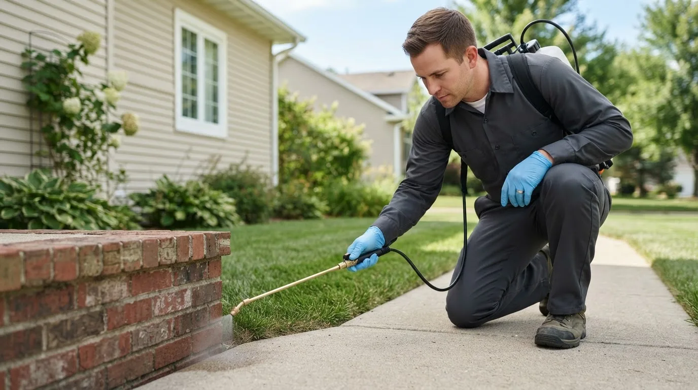 Pest control technician treating a home near Lunenburg, VT