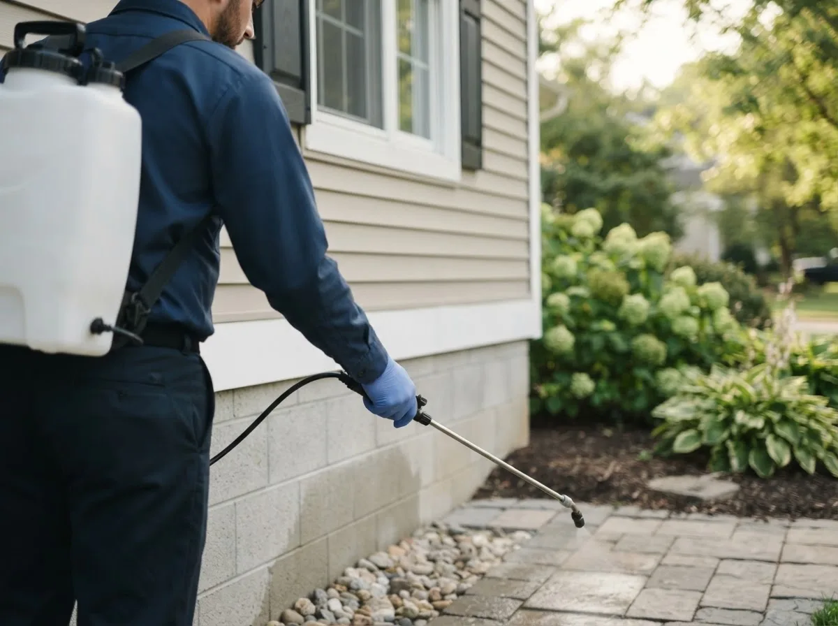 Pest control technician inspecting a home in Lunenburg, VT